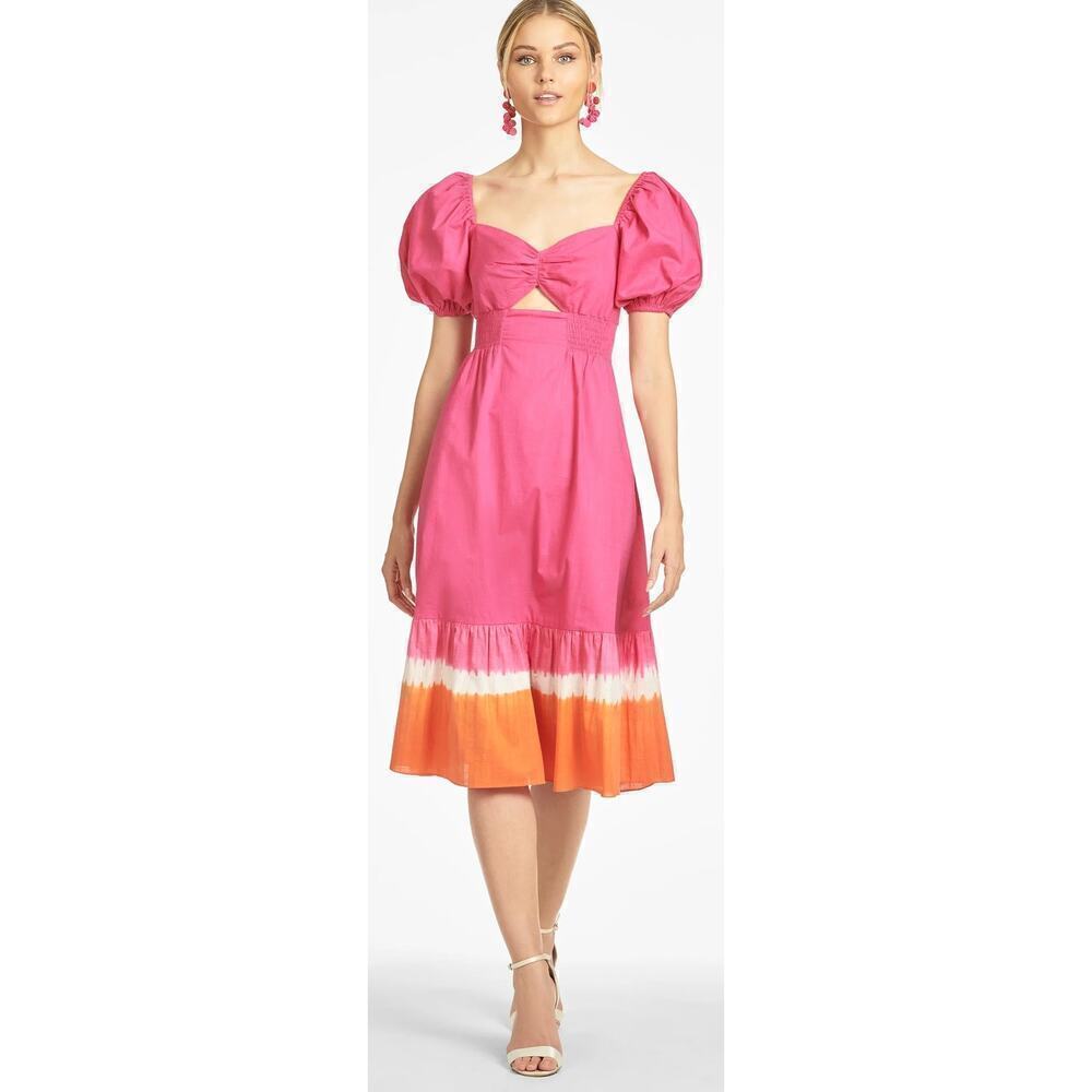 Sachin + Babi Bri Dress Puff Sleeve Summer Midi Tie Dye Fuchsia Orange Size 4